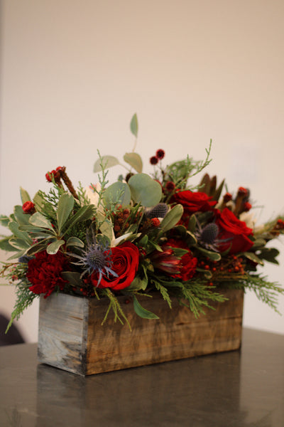 Long holiday centerpiece - reds and burgundys