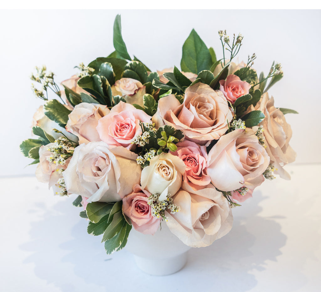 Pastel rose arrangement in a compote – GIA AND THE BLOOMS