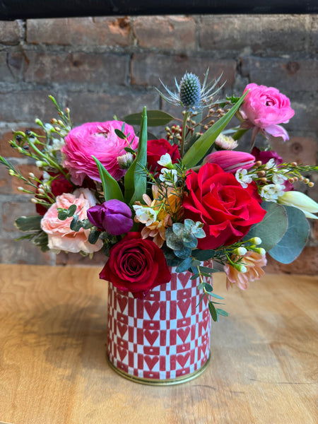 Valentine’s Day arrangement in a heart checkered gold metal vase