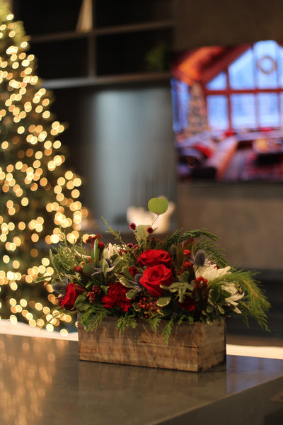 Long holiday centerpiece - reds and burgundys
