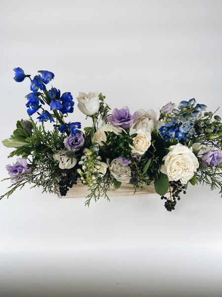 Long holiday centerpiece - whites, blues and purples