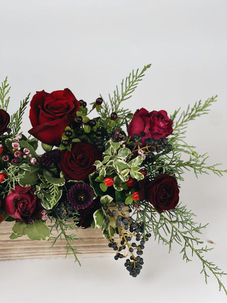 Long holiday centerpiece - reds and burgundys