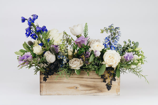 Long holiday centerpiece - whites, blues and purples