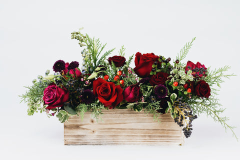 Long holiday centerpiece - reds and burgundys