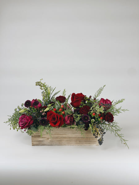 Long holiday centerpiece - reds and burgundys