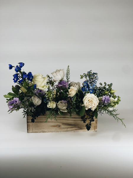 Long holiday centerpiece - whites, blues and purples